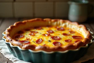 Quiche lorraine entière dorée dans un moule cannelé posée sur une table en bois rustique