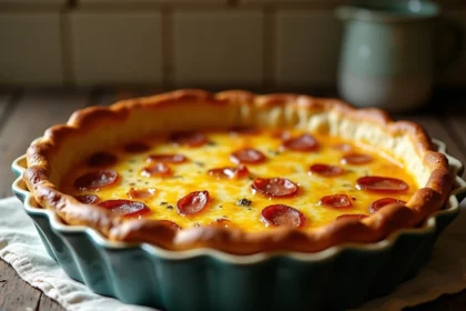 Quiche lorraine entière dorée dans un moule cannelé posée sur une table en bois rustique