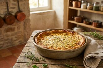 Quiche au thon en conserve bio dans un plat en céramique rustique sur une table en bois