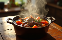 Ragoût de boeuf en pot en fonte rustique
