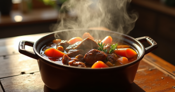 Ragoût de boeuf en pot en fonte rustique
