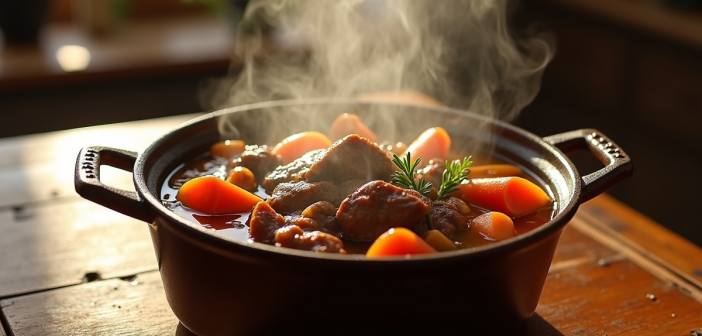 Ragoût de boeuf en pot en fonte rustique