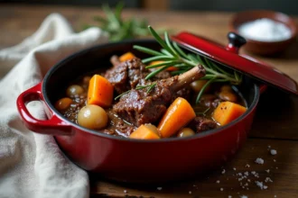 Ragoût d'agneau à l'ancienne dans une cocotte en fonte émaillée posée sur une table en chêne rustique, avec carottes, oignons grelots et romarin frais