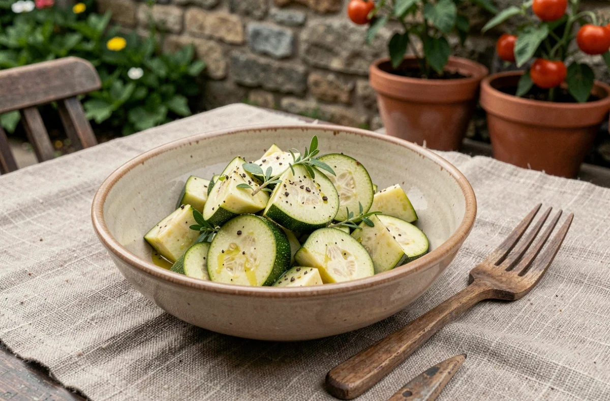 Bol de poêlée de courgettes maison servie dans un jardin d'été avec herbes fraîches et huile d'olive sur nappe en lin