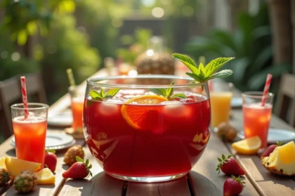 Grand bol à punch en verre rempli de punch rouge aux fruits avec des rondelles d'agrumes et de la menthe fraîche, posé sur une table en bois dressée pour une fête estivale en plein air
