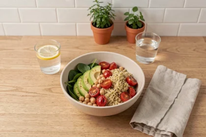 Bol repas équilibré midi avec quinoa, avocat et légumes colorés sur une table en bois clair
