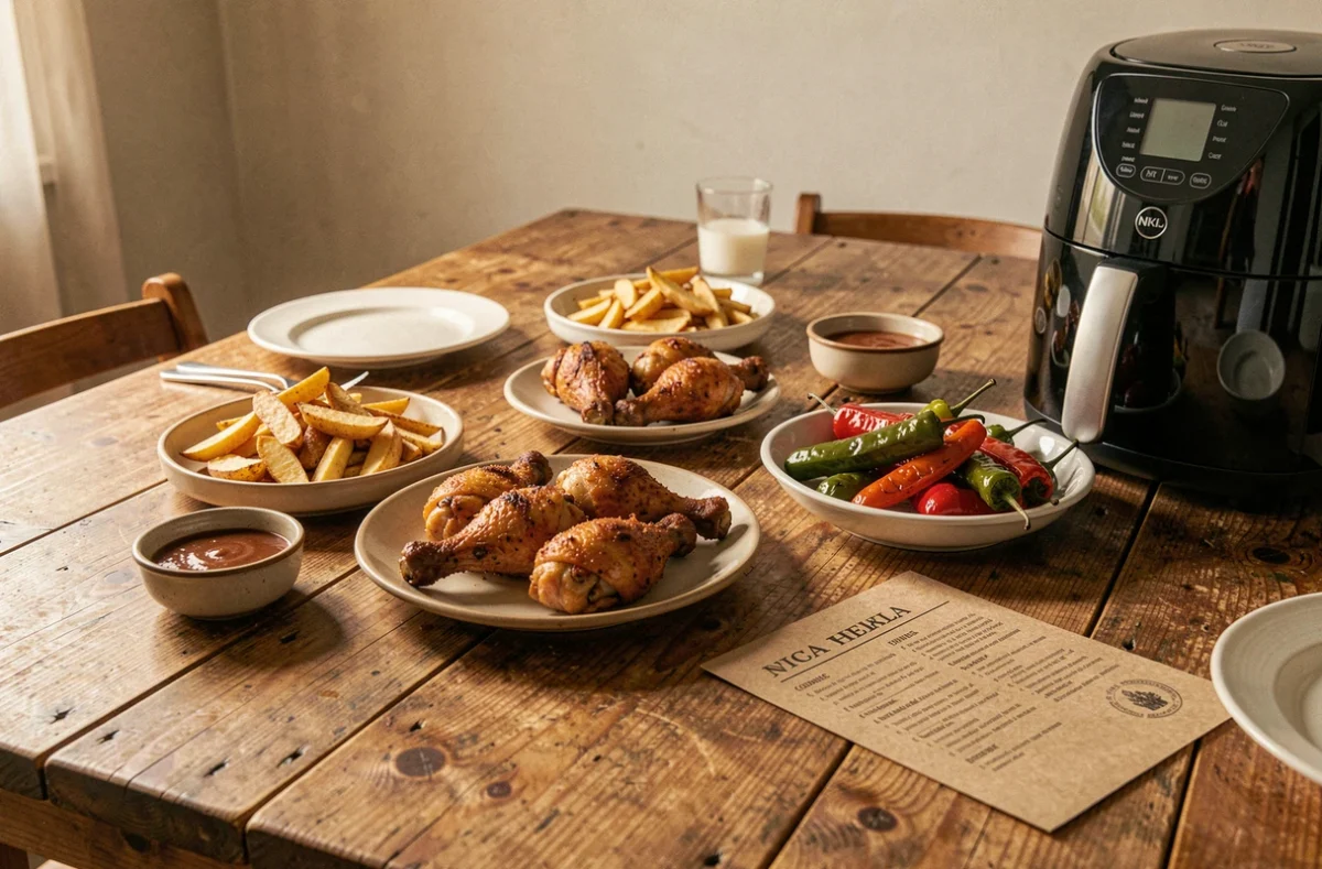 Repas de famille préparé au Air Fryer Ninja avec poulet croustillant et pommes de terre dorées sur table en bois