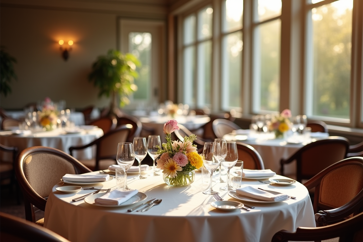 Salle à manger élégante en journée avec tables et fleurs