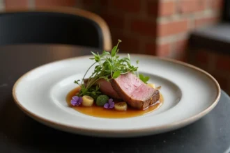 Assiette gastronomique raffinée dans un restaurant étoilé de Lille avec canard rôti, herbes fraîches et sauce reduction