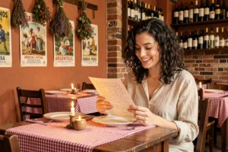 Intérieur chaleureux du restaurant italien Luci à Argenteuil avec une cliente lisant le menu sur fond de décoration rustique