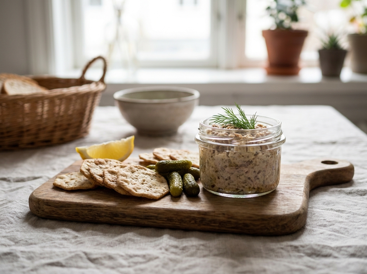 Rillettes de thon bio maison en bocal en verre avec crackers et cornichons sur planche en bois