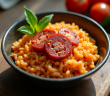 Bol de risotto épicé avec chorizo sur une table en bois