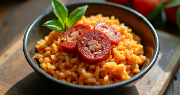 Bol de risotto épicé avec chorizo sur une table en bois