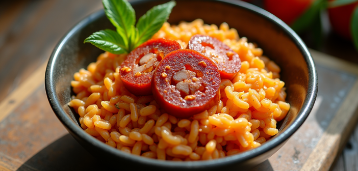 Bol de risotto épicé avec chorizo sur une table en bois