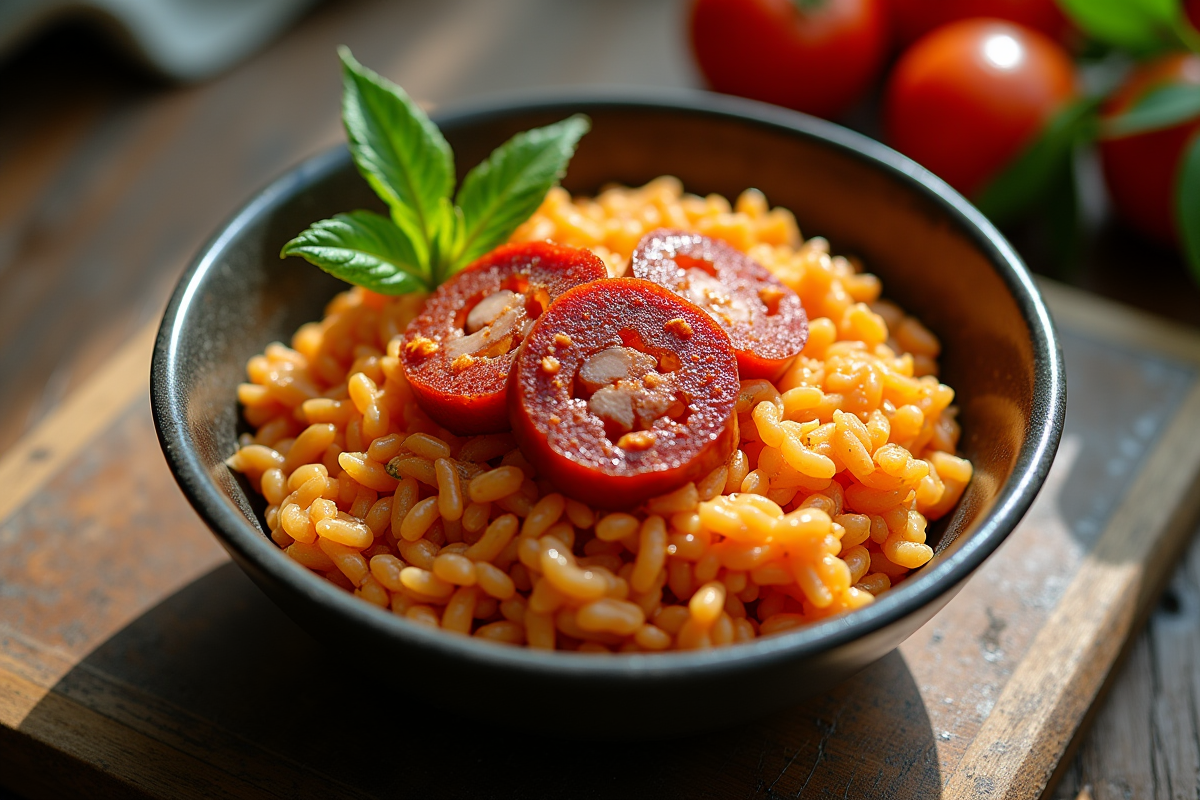 Bol de risotto épicé avec chorizo sur une table en bois