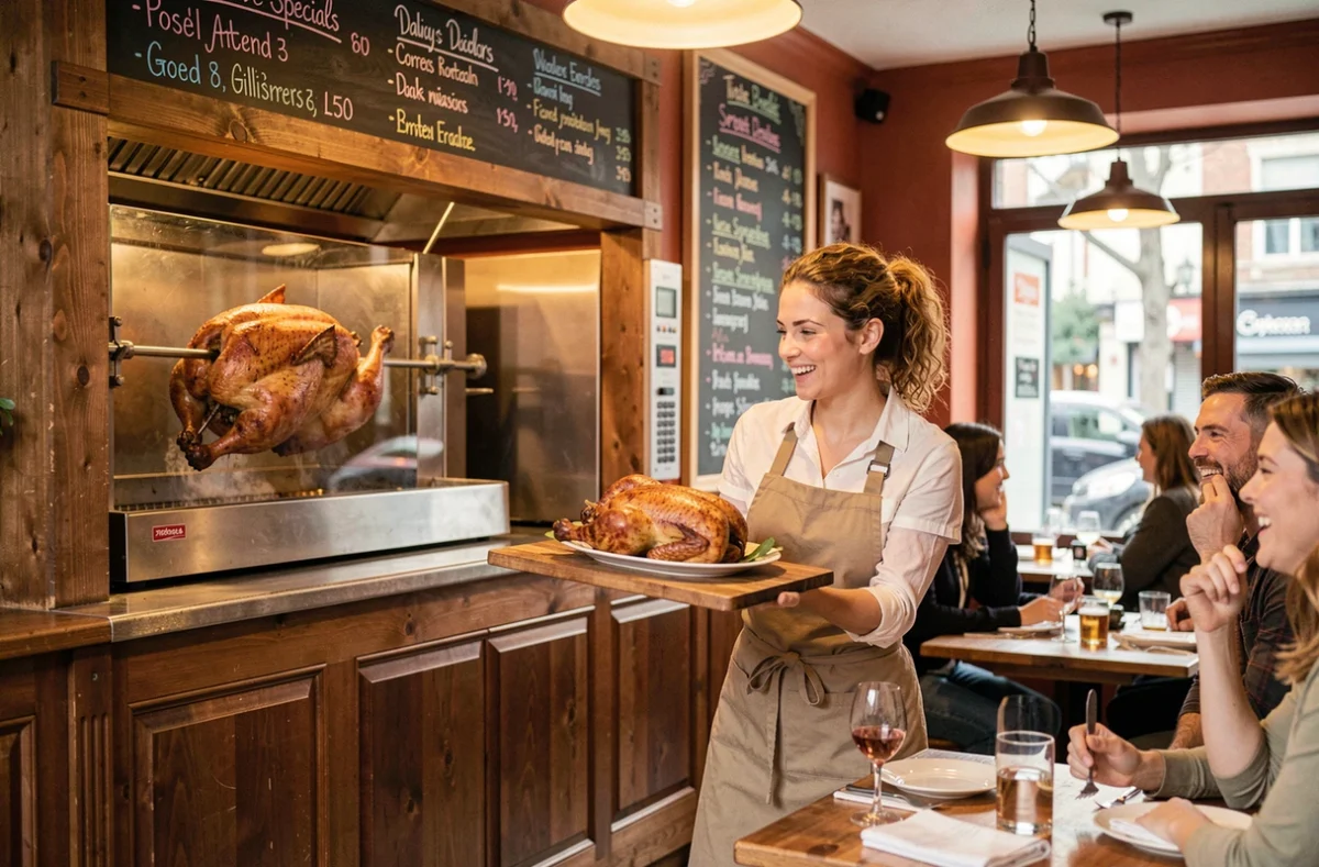 Salle du bistrot Roule ma Poule à Lille avec poulet rôti à la broche visible en cuisine ouverte et serveuse portant une planche repas