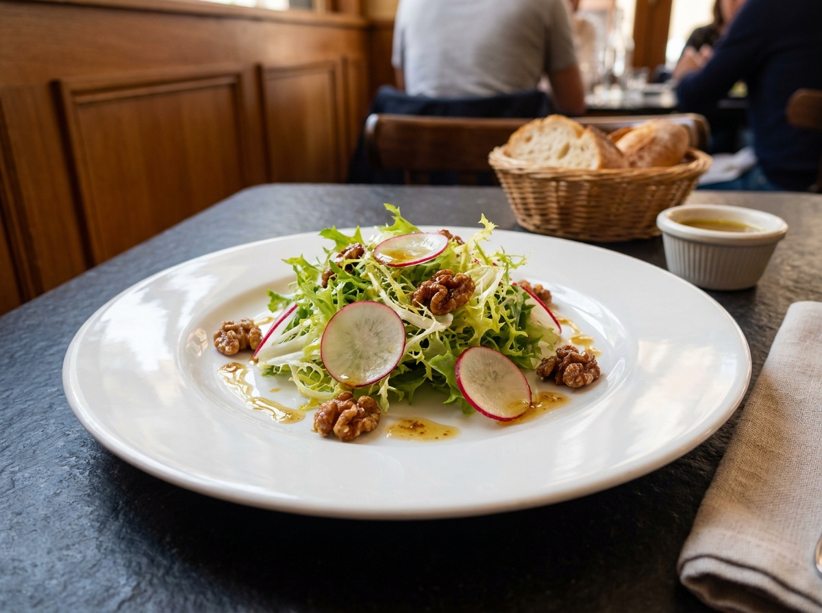 Salade verte assaisonnée façon restaurant sur assiette en porcelaine blanche dans une brasserie française avec vinaigrette aux noix