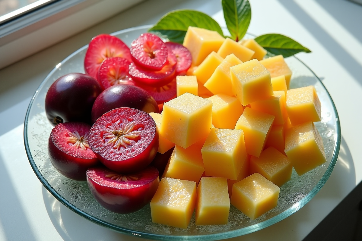 Salade de fruits avec durian et prunes sur une assiette lumineuse