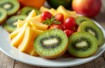 Salade de fruits d'été avec kiwi tranché sur assiette blanche
