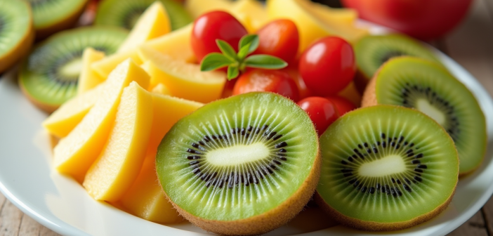 Salade de fruits d'été avec kiwi tranché sur assiette blanche