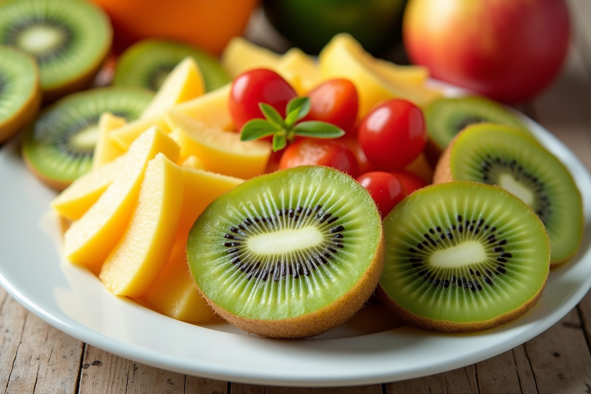 Salade de fruits d'été avec kiwi tranché sur assiette blanche