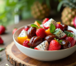 Salade de fruits frais avec dattes et dragon fruit dans un bol blanc
