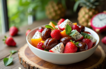 Salade de fruits frais avec dattes et dragon fruit dans un bol blanc