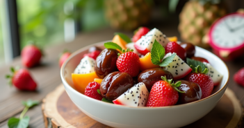 Salade de fruits frais avec dattes et dragon fruit dans un bol blanc