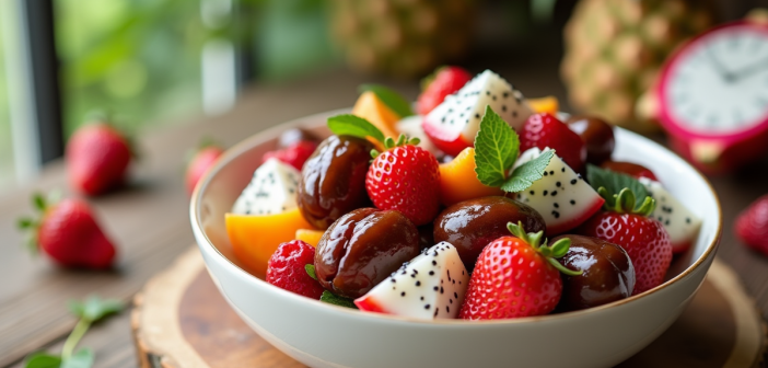 Salade de fruits frais avec dattes et dragon fruit dans un bol blanc