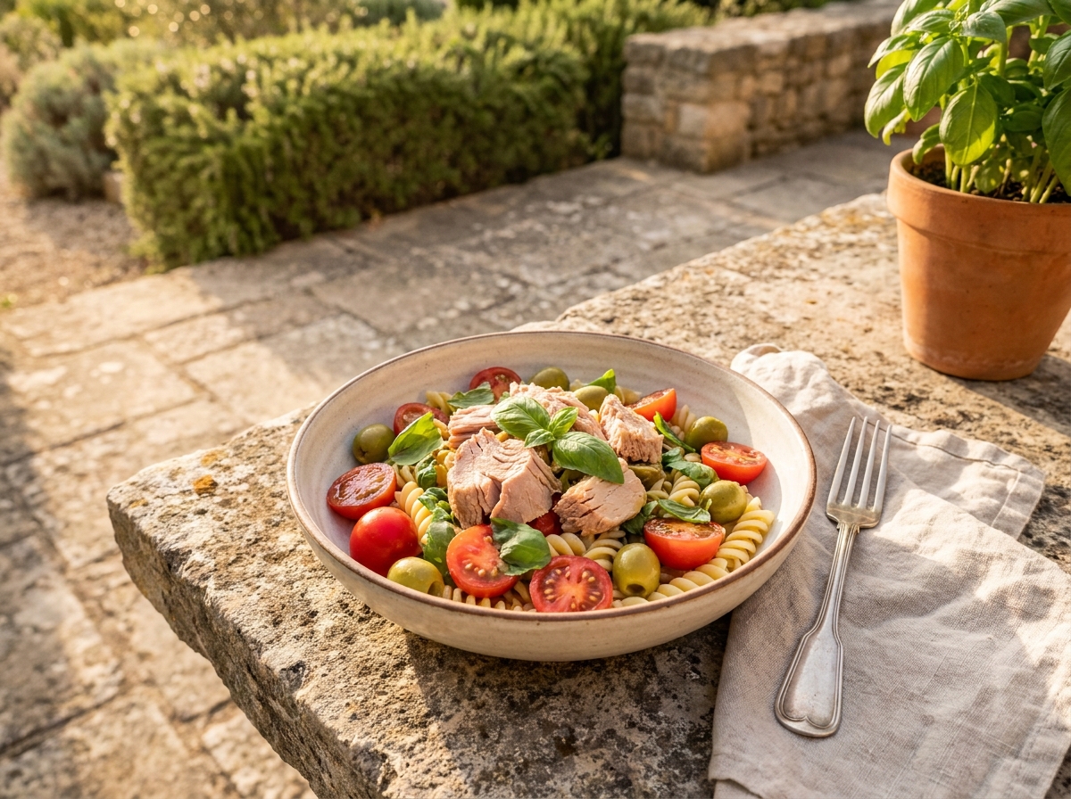 Salade de pâtes au thon bio avec tomates cerises et olives dans un bol posé sur terrasse en pierre