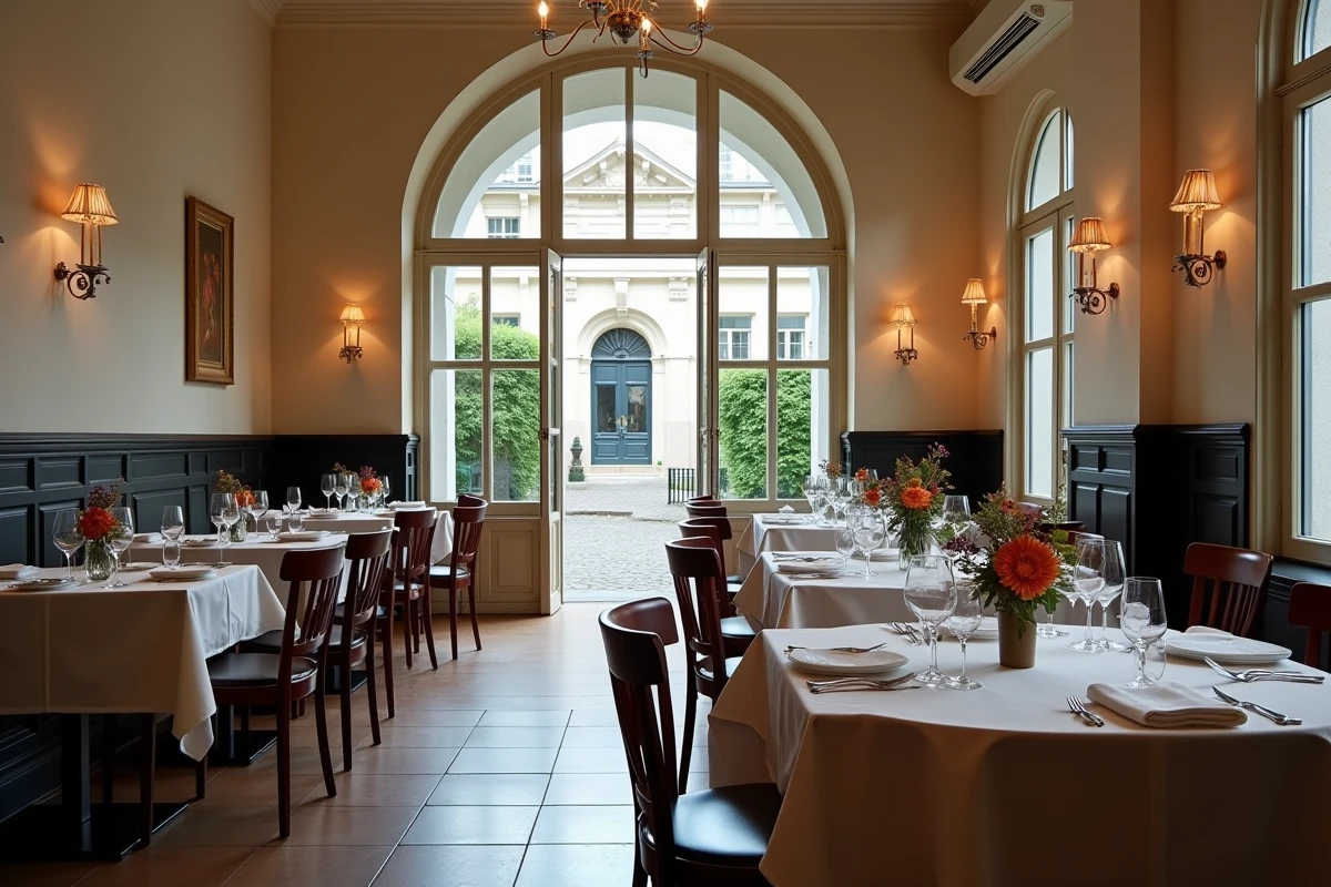Salle de restaurant étoilé à Lille avec tables dressées en lin blanc, architecture flamande et ambiance gastronomique raffinée