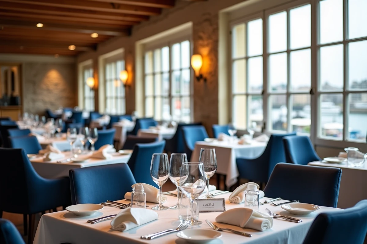 Salle de restaurant gastronomique à Marseille avec tables dressées et vue sur le Vieux-Port, ambiance élégante pour une réservation spéciale