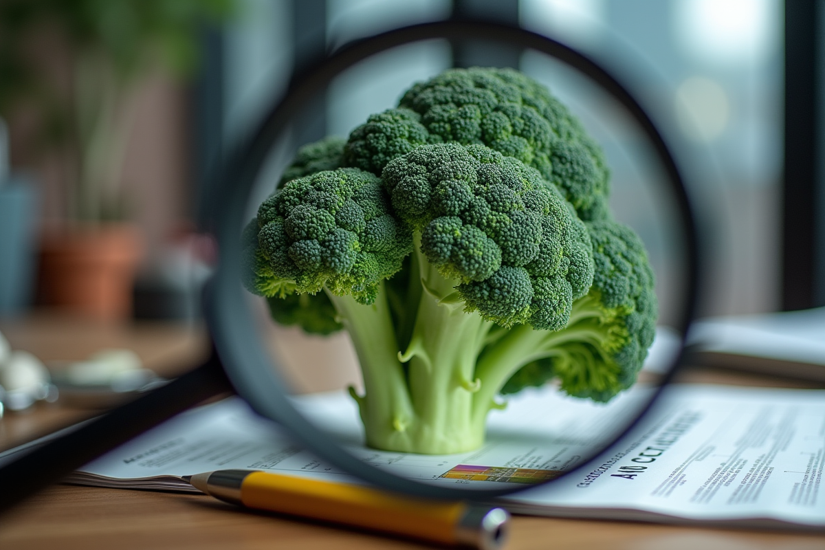 Section de brocoli sous loupe avec infos nutritionnelles