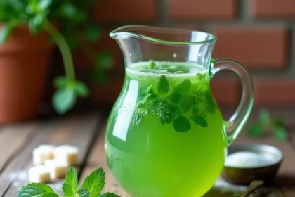 Pichet de sirop de menthe maison entouré de feuilles de menthe fraîche et de sucre sur un comptoir en bois rustique