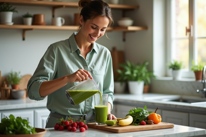 Femme souriante préparant un smoothie vert dans la cuisine