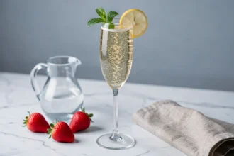 Flûte de soupe champagne légère avec garniture de citron et menthe fraîche sur marbre blanc