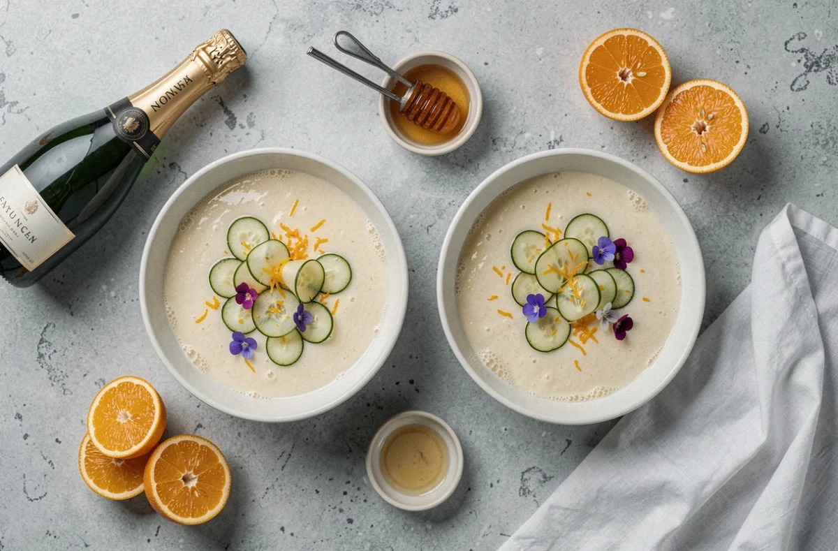 Vue du dessus d'une soupe champagne légère en bols céramiques avec fleurs comestibles et agrumes