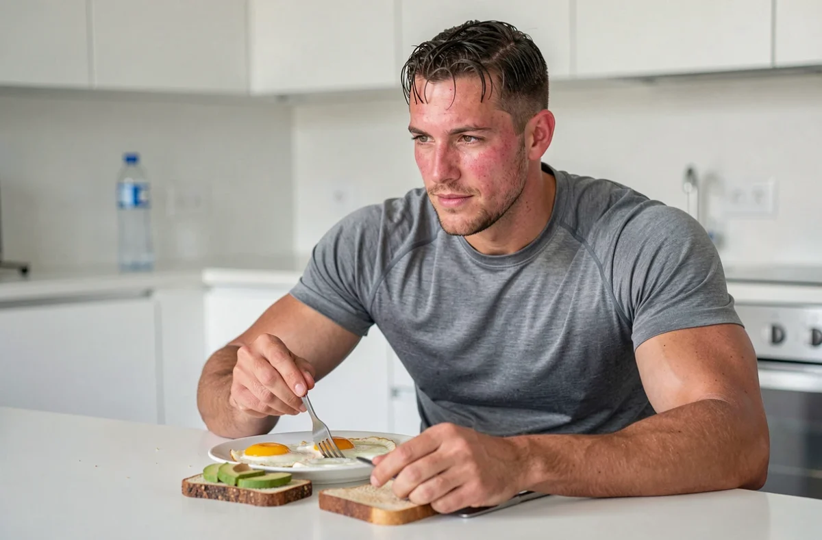 Sportif mangeant des œufs au plat après l'entraînement pour récupérer ses protéines dans une cuisine moderne