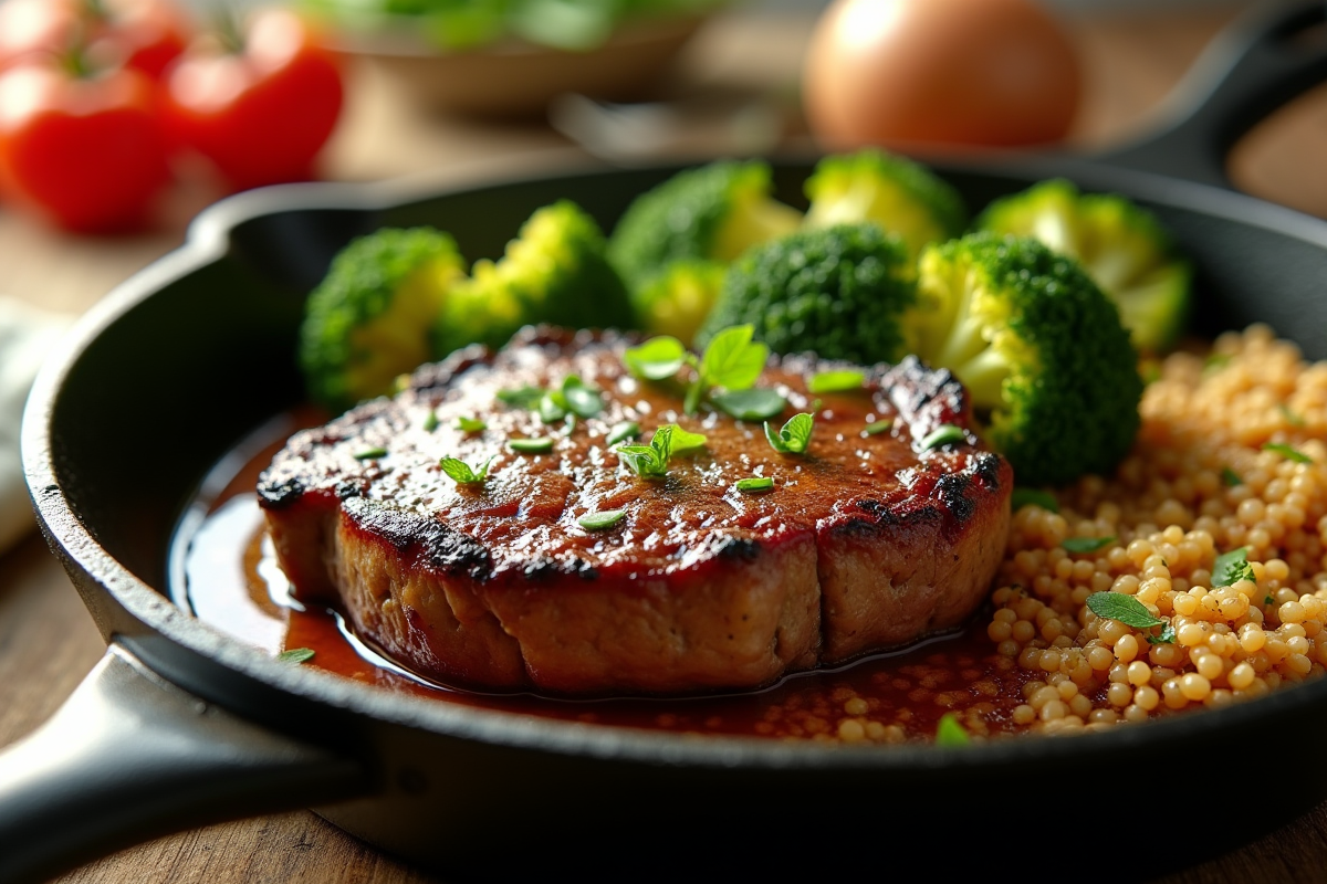 Gros plan sur un steak avec quinoa et brocoli