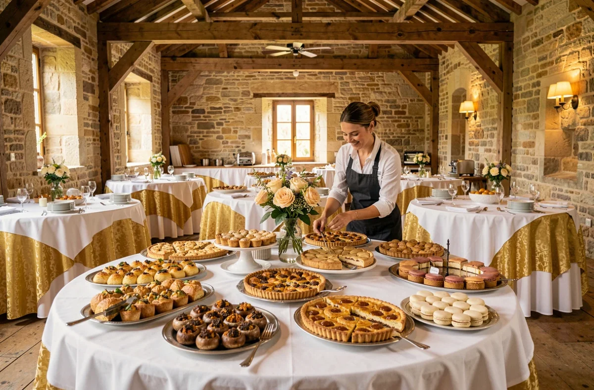Buffet traiteur polyvalent de Sucre Salé installé dans une salle des fêtes à Villers-Farlay avec mets sucrés et salés