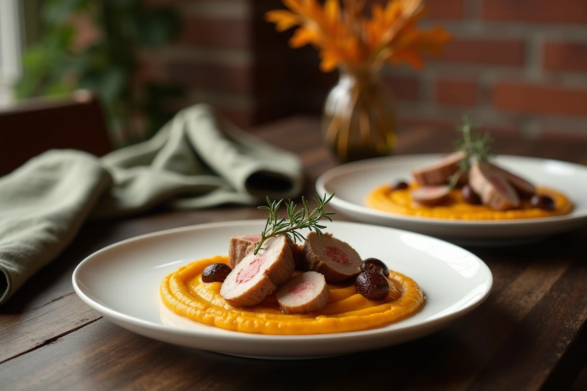 Table de dîner automnal dressée avec purée de courge bleu de Hongrie en accompagnement d'un magret de canard rôti et de shallots caramélisés