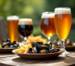 Table rustique avec bières belges et plats traditionnels