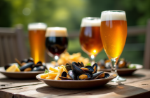 Table rustique avec bières belges et plats traditionnels