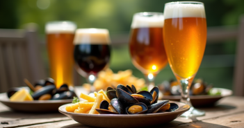 Table rustique avec bières belges et plats traditionnels