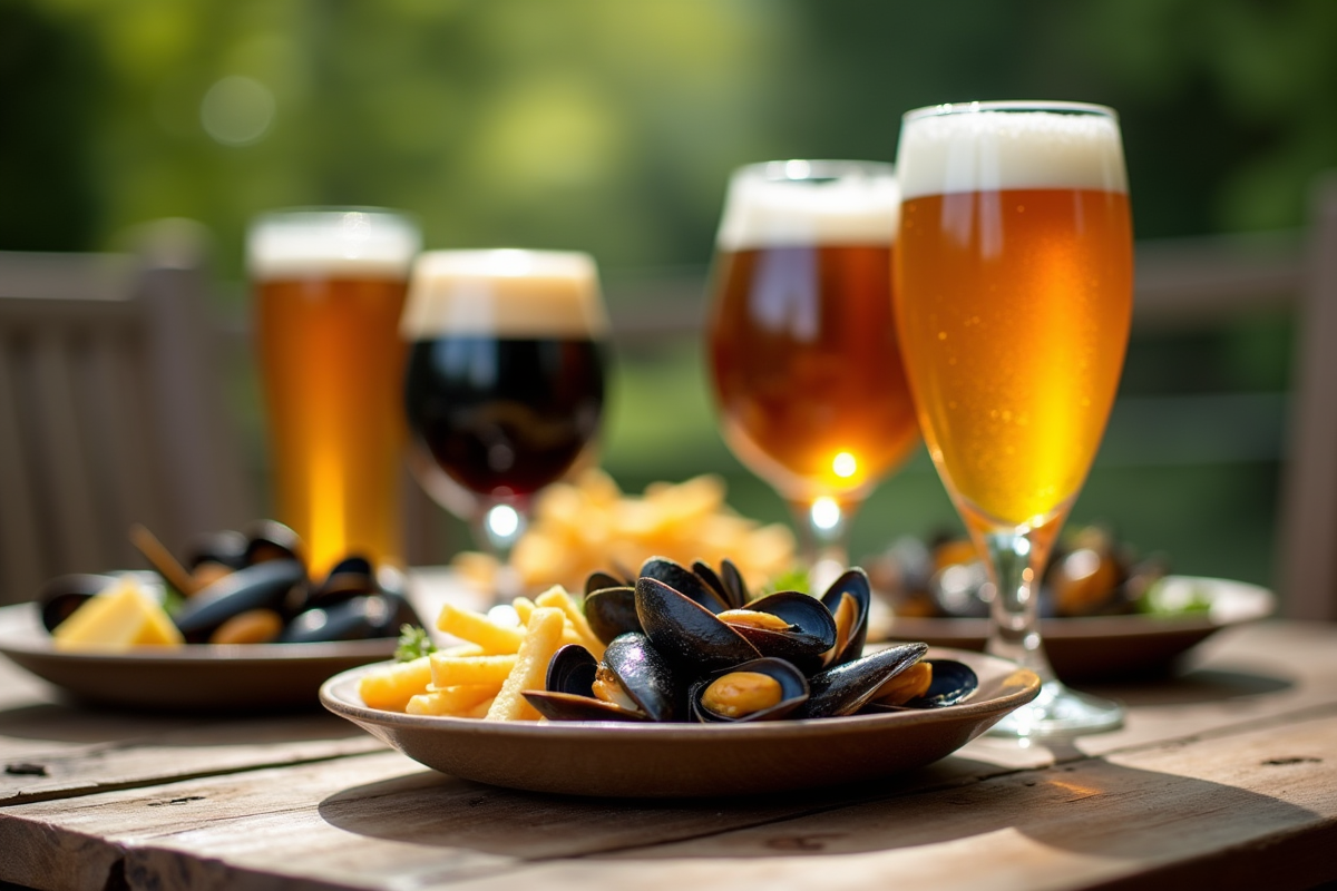 Table rustique avec bières belges et plats traditionnels