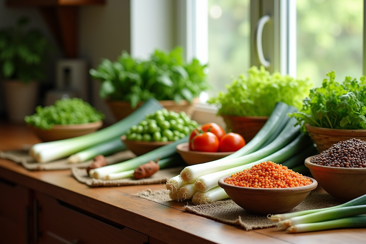 Table en bois avec légumes frais et colorés près d'une fenêtre