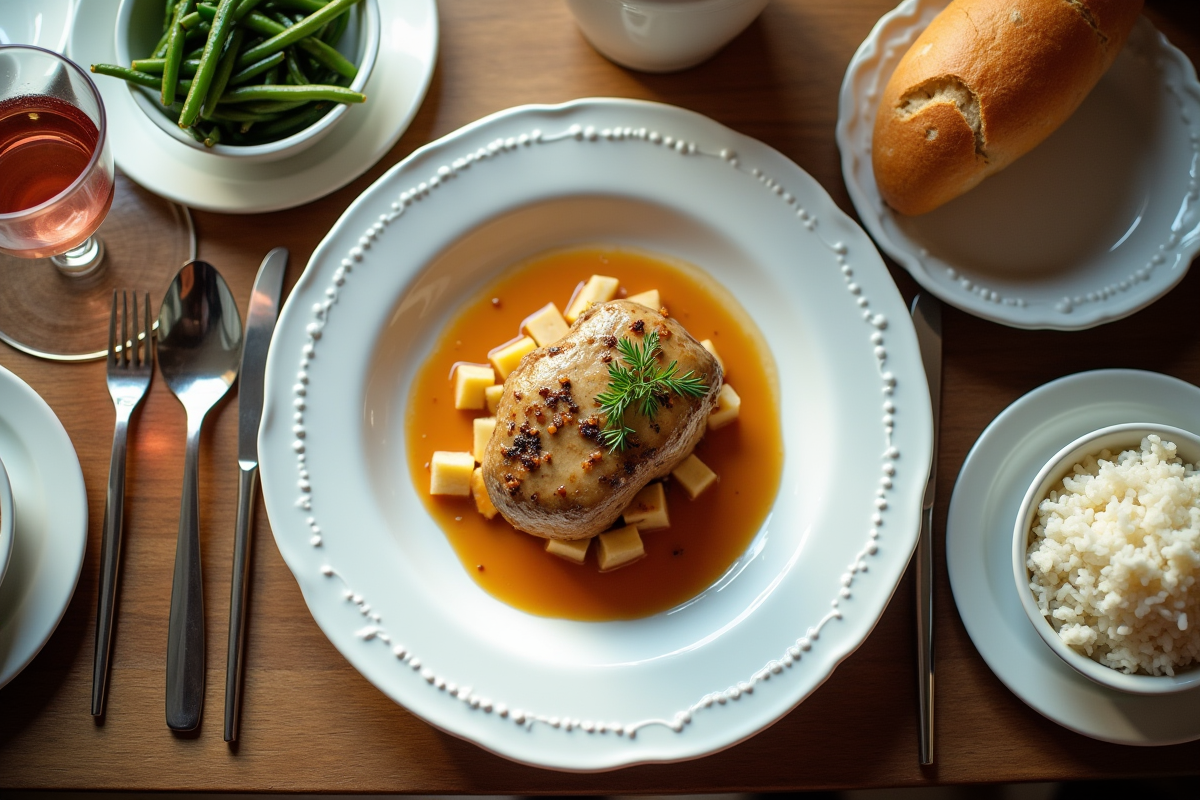Table de diner avec veau blanquette et accompagnements