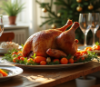 Table festive avec un chapon rôti et légumes créatifs