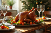 Table festive avec un chapon rôti et légumes créatifs