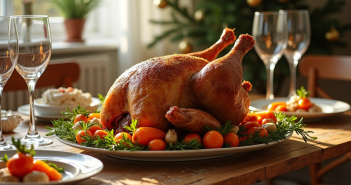 Table festive avec un chapon rôti et légumes créatifs